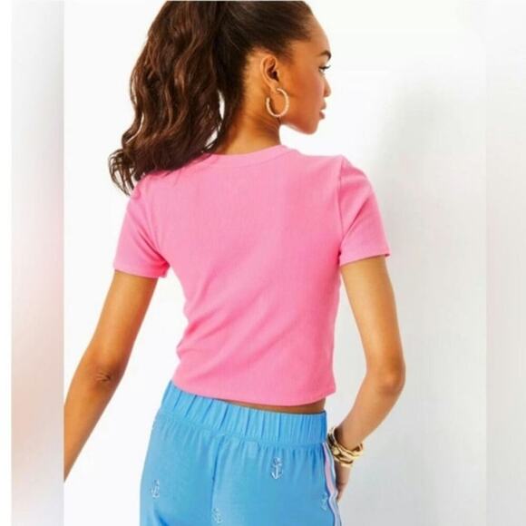 Lilly Pulitzer Cropped Top Minnie Knit Ribbed Confetti Pink Metalic Size Large - Picture 3 of 10